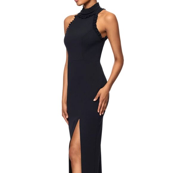 Petite Ruffled Halter Mock Neck Cutout-Back Gown - Picture 2 of 11